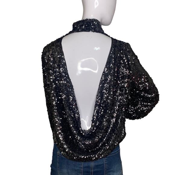 Free People Moonstruck Open Back Black Sequins Top Long Sleeve Size S - Picture 1 of 16